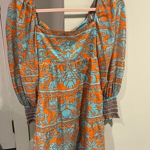 Women's Orange/Blue Long-Sleeve babydoll Mini Dress